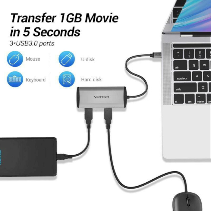 Порт-репликатор VENTION 5-in-1 USB-C to USB3.0x3/RJ-45/PD (TGDHB)