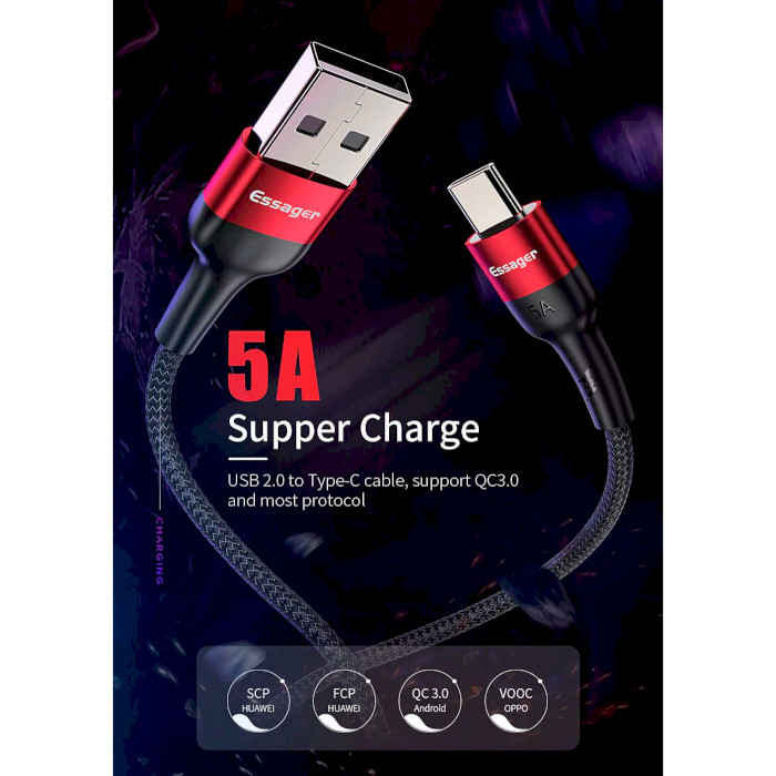 Кабель ESSAGER 5A Fast Charging Cable USB-A to Type-C 0.3м Red (EXCT-FMTB09)