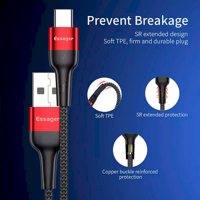 Кабель ESSAGER 5A Fast Charging Cable USB-A to Type-C 0.3м Red (EXCT-FMTB09)