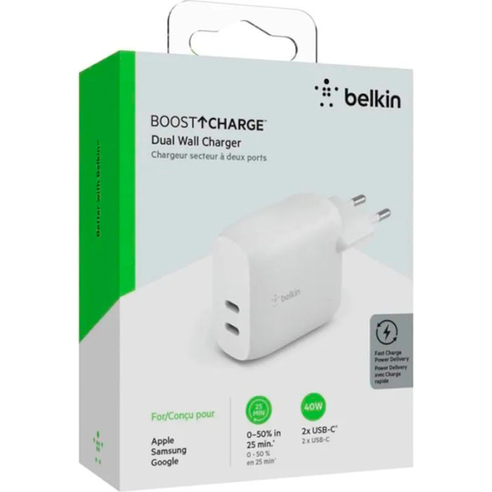 Зарядное устройство BELKIN Boost Up Charge Dual USB-C PD Wall Charger 40W White (WCB006VFWH)