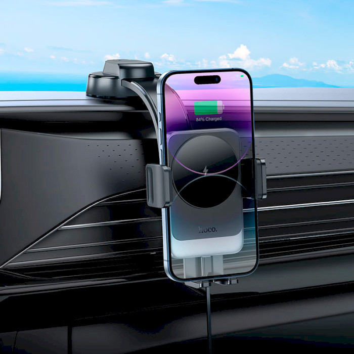 Автотримач з бездротовою зарядкою HOCO HW14 Speed Wireless Fast Charging Car Holder Black Metal Gray