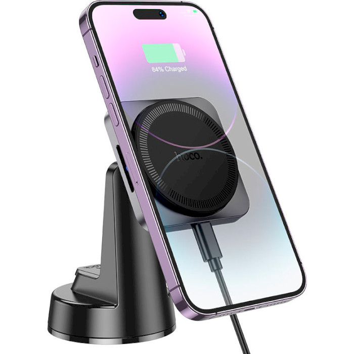 Автодержатель с беспроводной зарядкой HOCO HW16 Speed Magnetic Wireless Fast Charging Car Holder Black Metal Gray