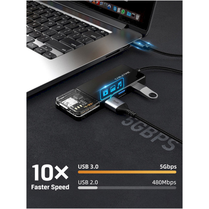 USB-хаб CABLETIME USB-A to 4xUSB3.0, 1xUSB-C Power (CB01B)