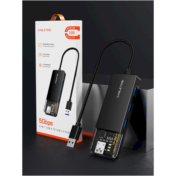 USB-хаб CABLETIME USB-A to 4xUSB3.0, 1xUSB-C Power (CB01B)