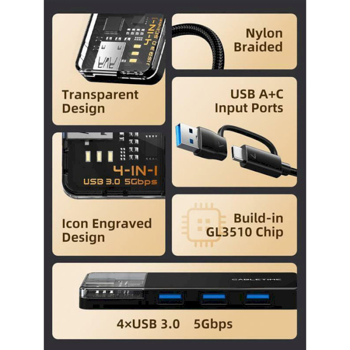 USB-хаб CABLETIME USB-C/A to 4xUSB3.0, 1xUSB-C Power (CB05B)