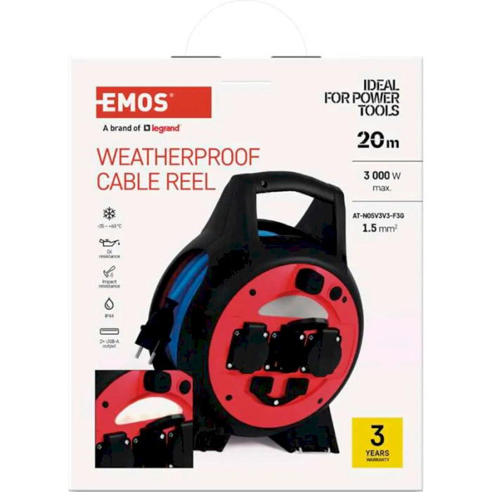 Подовжувач на котушці EMOS P08620W Blue, 3 розетки, 2xUSB, 20м