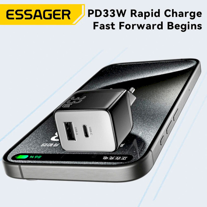 Зарядное устройство ESSAGER ECT33W 1xUSB-A, 1xUSB-C, PD3.0, QC4.0, GaN Black (ECT33W-LJB01-Z)