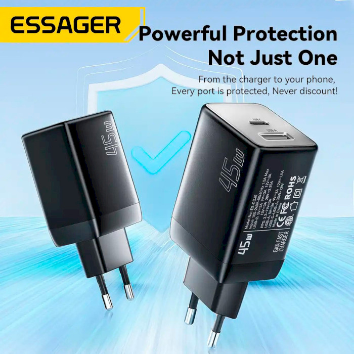 Зарядний пристрій ESSAGER ECT45W 1xUSB-A, 1xUSB-C, PD3.0, QC4.0, GaN Black (ECT45W-LJB01-Z)