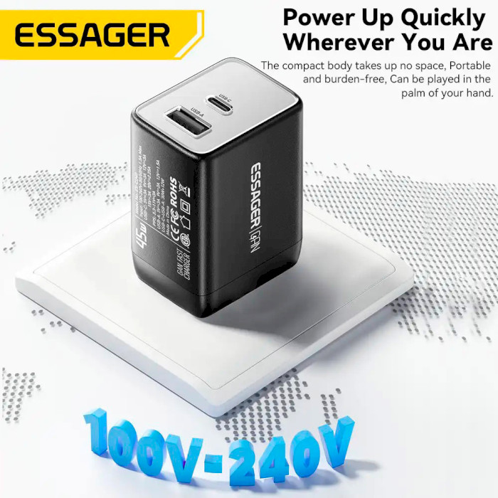 Зарядное устройство ESSAGER ECT45W 1xUSB-A, 1xUSB-C, PD3.0, QC4.0, GaN Black (ECT45W-LJB01-Z)