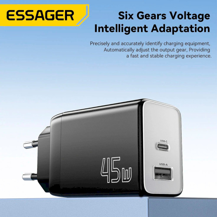 Зарядное устройство ESSAGER ECT45W 1xUSB-A, 1xUSB-C, PD3.0, QC4.0, GaN Black (ECT45W-LJB01-Z)