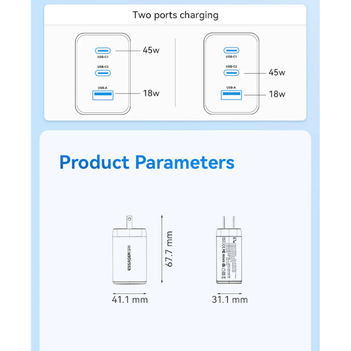 Зарядний пристрій ESSAGER ECT67W 1xUSB-A, 2xUSB-C, PD3.0, QC4.0, GaN White (ECT67W-LJB02-Z)