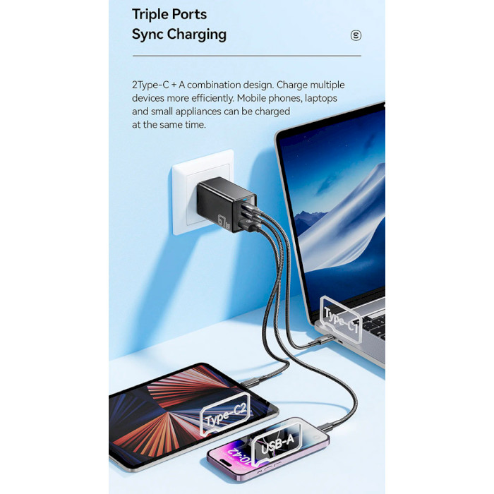 Зарядний пристрій ESSAGER Kolsang 67W 1xUSB-A, 2xUSB-C, PD3.0, QC4.0 GaN Travel Charger Black (ECTAC-KSB01-Z)