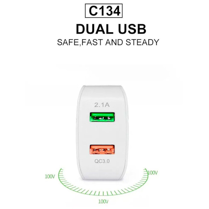 Зарядний пристрій WUW C134 2xUSB-A, QC3.0, 18W White