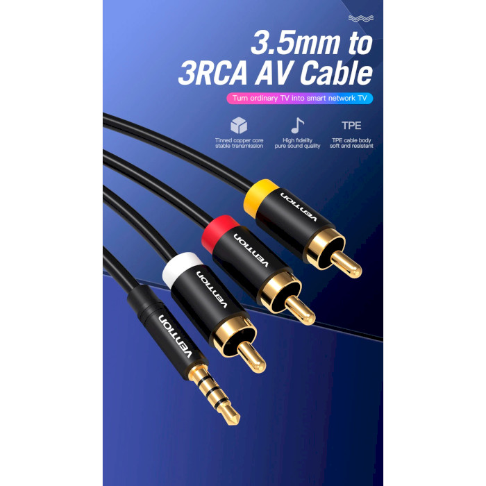 Кабель VENTION mini-jack 3.5 мм - 3RCA 1.5м Black (VAB-R07-B150)