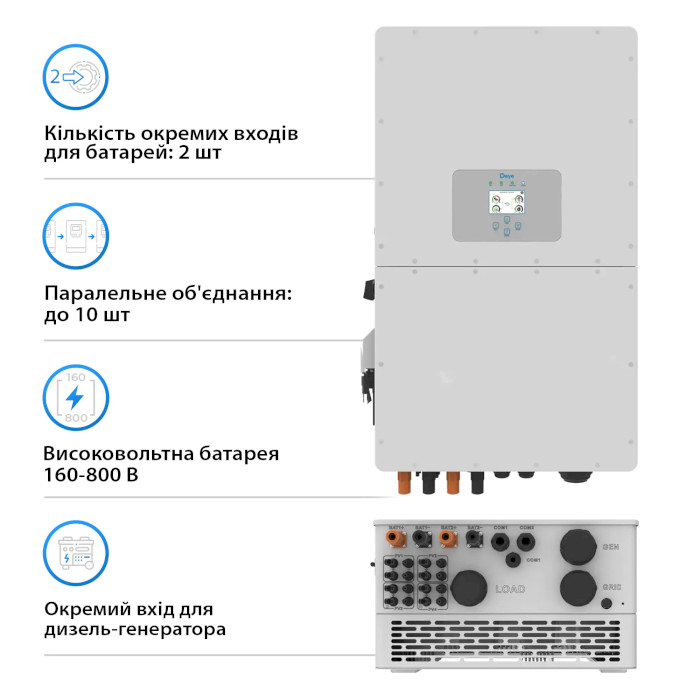 Гібридний сонячний інвертор трифазний DEYE SUN-50K-SG01HP3-EU-BM4 + 11 АКБ DYNESS HV51100 56.32 kWh