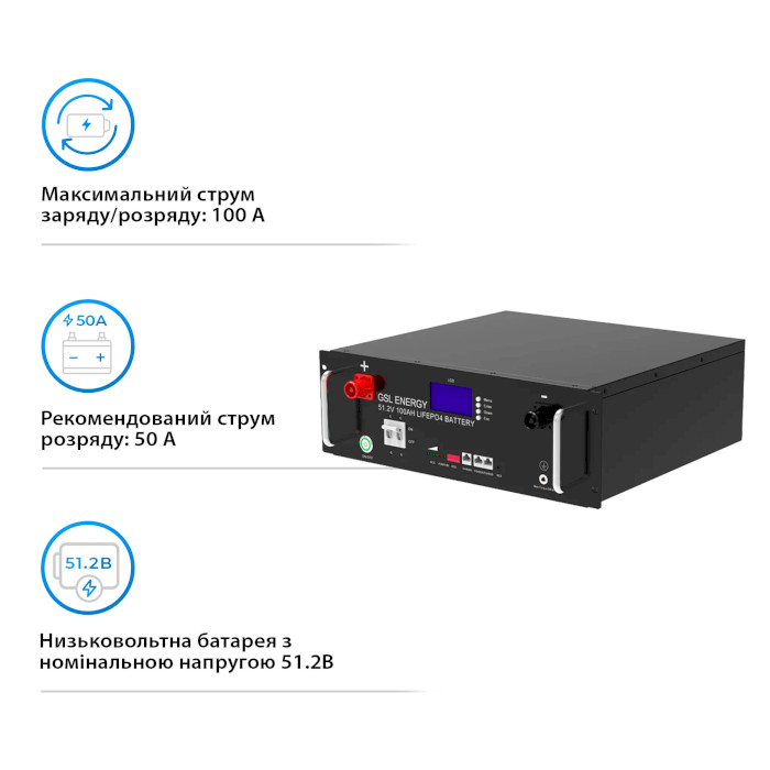 Акумуляторна батарея GSL LiFePO4 GSL-51-100-3.5U (51.2В, 100Агод, 16S1P/BMS)