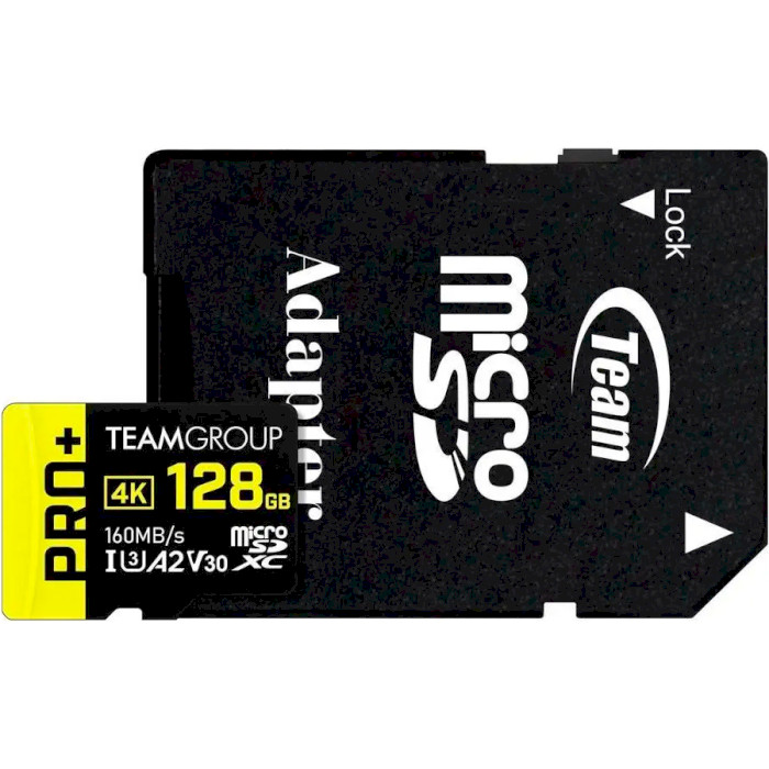 Карта памяти TEAM microSDXC Pro+ 128GB UHS-I U3 V30 A2 Class 10 + SD-adapter (TPPMSDX128GIA2V3003)