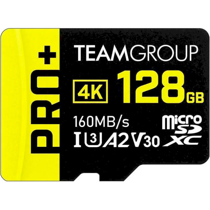 Карта пам'яті TEAM microSDXC Pro+ 128GB UHS-I U3 V30 A2 Class 10 + SD-adapter (TPPMSDX128GIA2V3003)