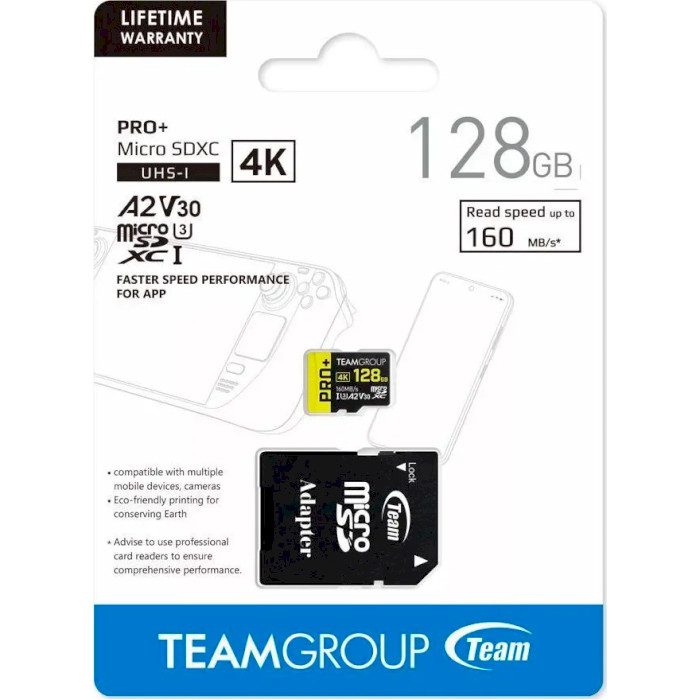 Карта пам'яті TEAM microSDXC Pro+ 128GB UHS-I U3 V30 A2 Class 10 + SD-adapter (TPPMSDX128GIA2V3003)