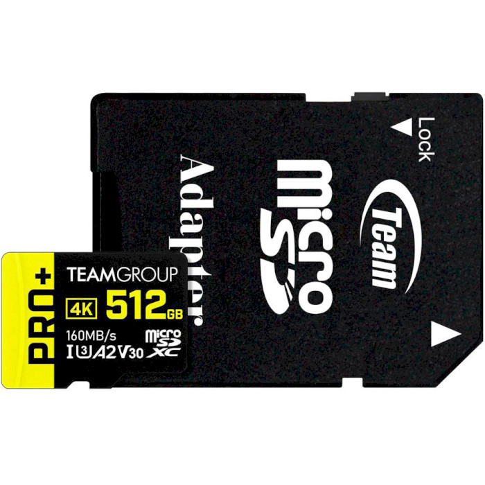 Карта памяти TEAM microSDXC Pro+ 512GB UHS-I U3 V30 A2 Class 10 + SD-adapter (TPPMSDX512GIA2V3003)