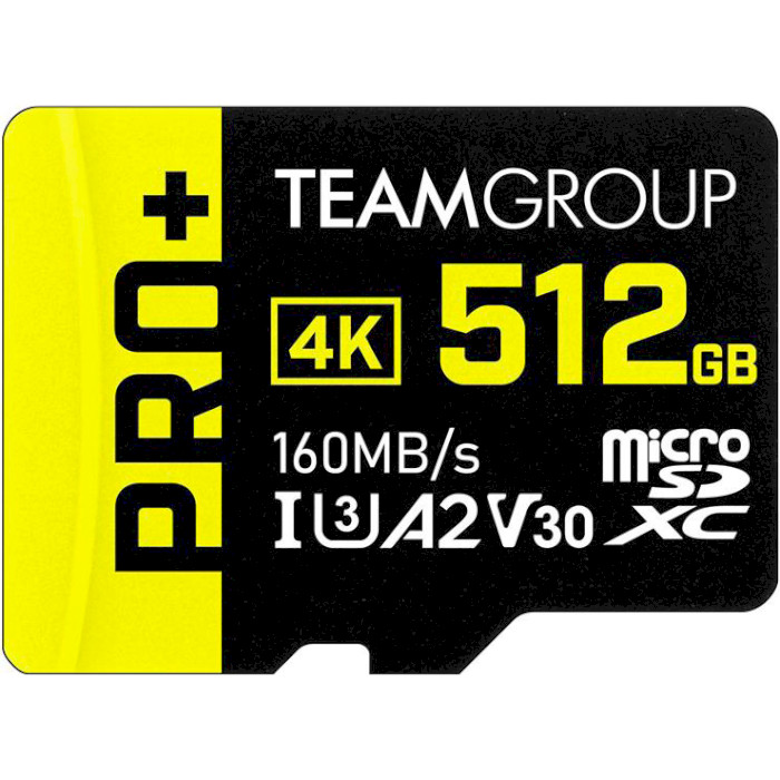 Карта памяти TEAM microSDXC Pro+ 512GB UHS-I U3 V30 A2 Class 10 + SD-adapter (TPPMSDX512GIA2V3003)