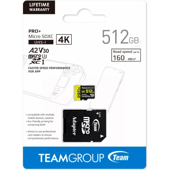 Карта памяти TEAM microSDXC Pro+ 512GB UHS-I U3 V30 A2 Class 10 + SD-adapter (TPPMSDX512GIA2V3003)