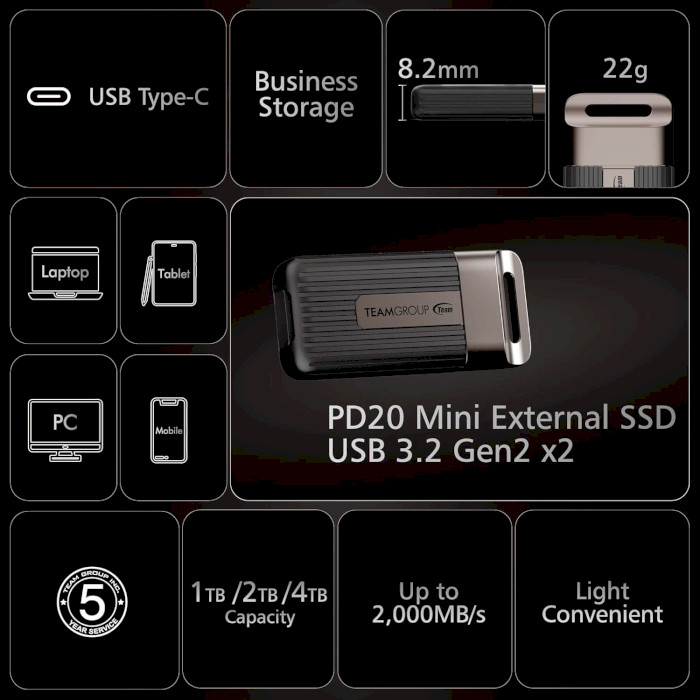 Портативний SSD диск TEAM PD20 Mini 1TB USB3.2 Gen2x2 (TPSEG5001T0C102)