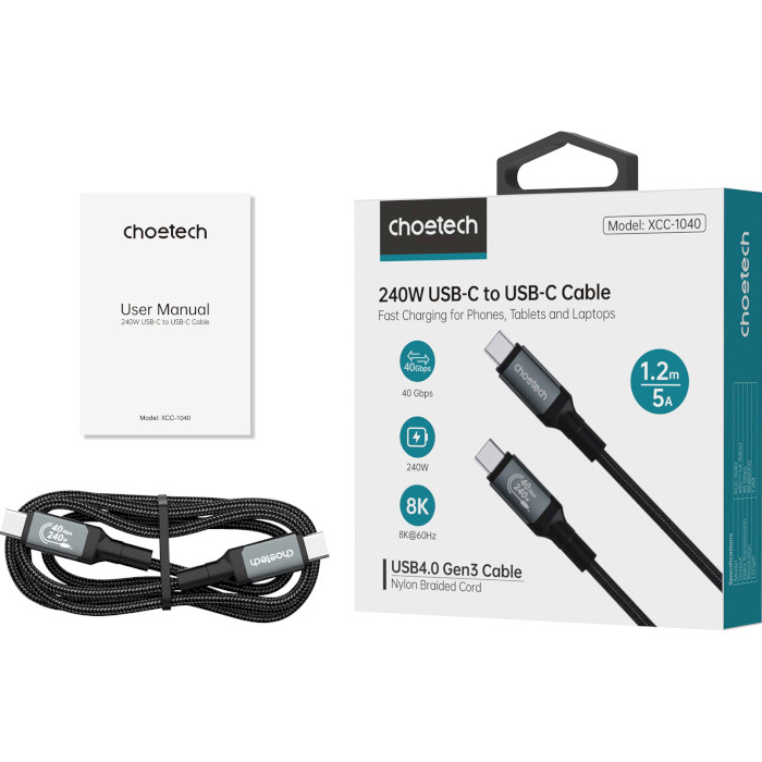 Кабель CHOETECH XCC-1040 USB-C to USB-C 240W 1.2м Gray