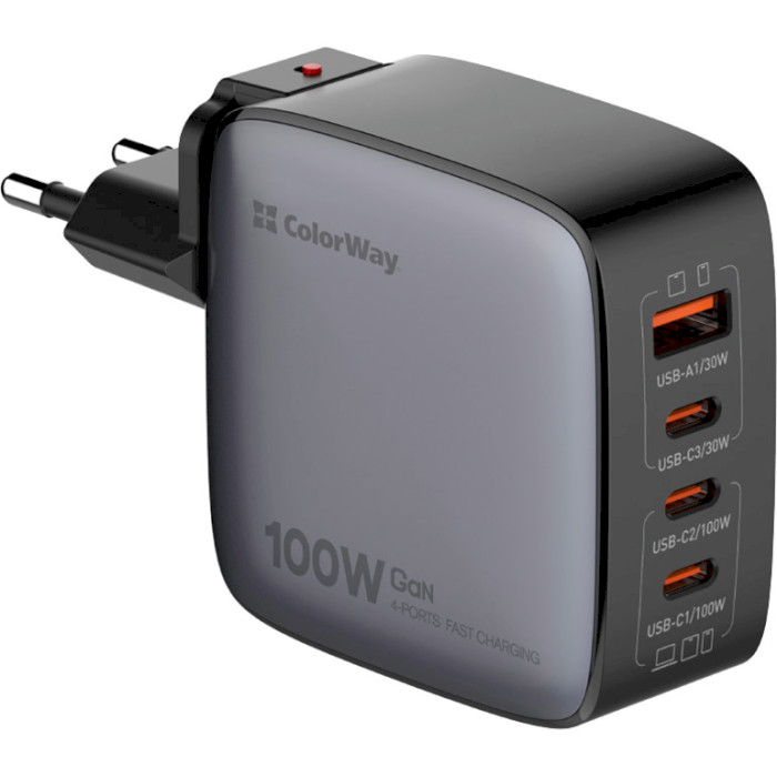 Зарядное устройство COLORWAY Power Delivery GaN 3xUSB-C, 1xUSB-A, 100W Black (CW-CHS047PD-BK)