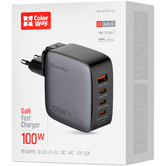 Зарядное устройство COLORWAY Power Delivery GaN 3xUSB-C, 1xUSB-A, 100W Black (CW-CHS047PD-BK)