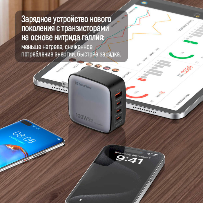 Зарядний пристрій COLORWAY Power Delivery GaN 3xUSB-C, 1xUSB-A, 100W Black (CW-CHS047PD-BK)