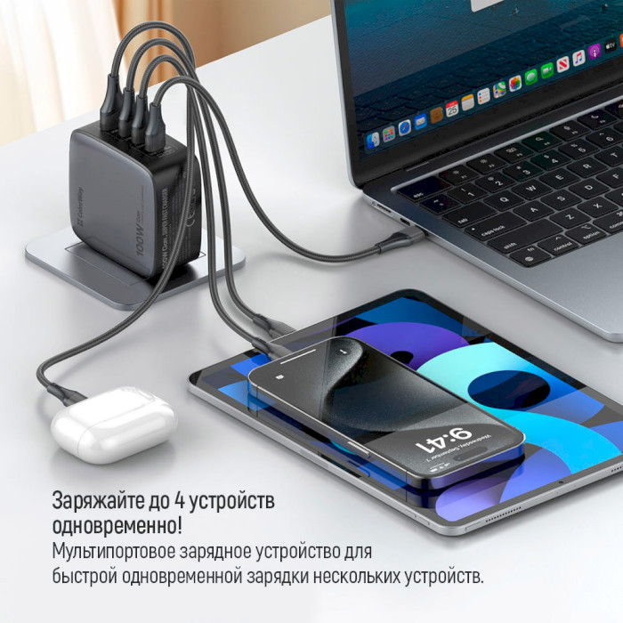 Зарядний пристрій COLORWAY Power Delivery GaN 3xUSB-C, 1xUSB-A, 100W Black (CW-CHS047PD-BK)