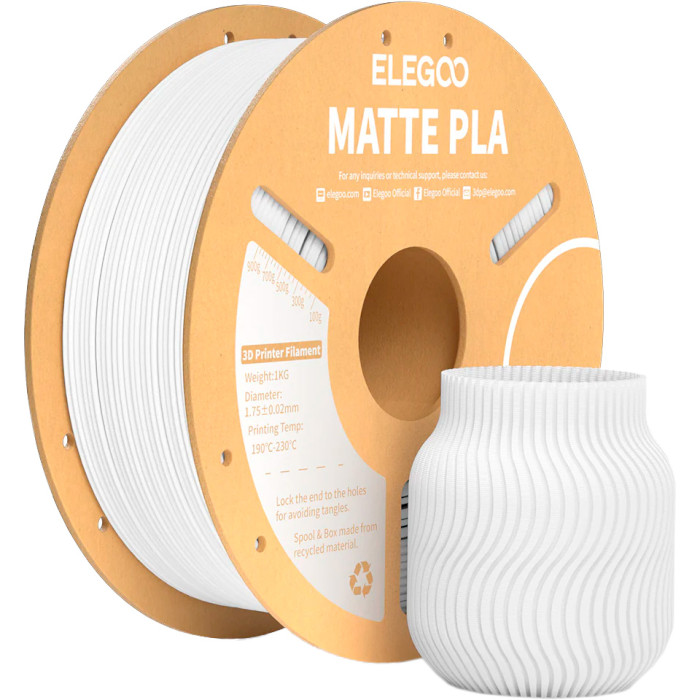 Пластик (філамент) для 3D принтера ELEGOO PLA Matte 1.75mm, 1кг, Matte White (50.203.0251)