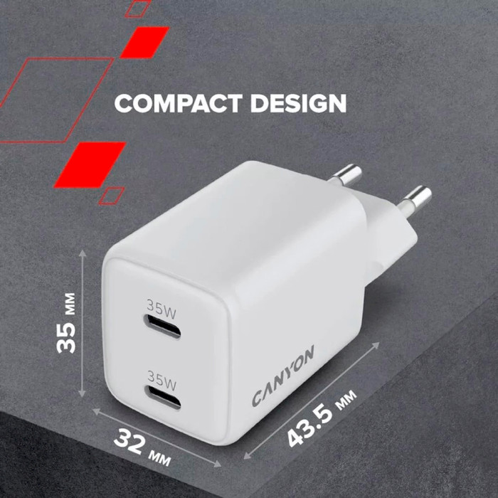 Зарядний пристрій CANYON CU35CC GaN 2xUSB-C, 35W White (CNS-CUW35CC)