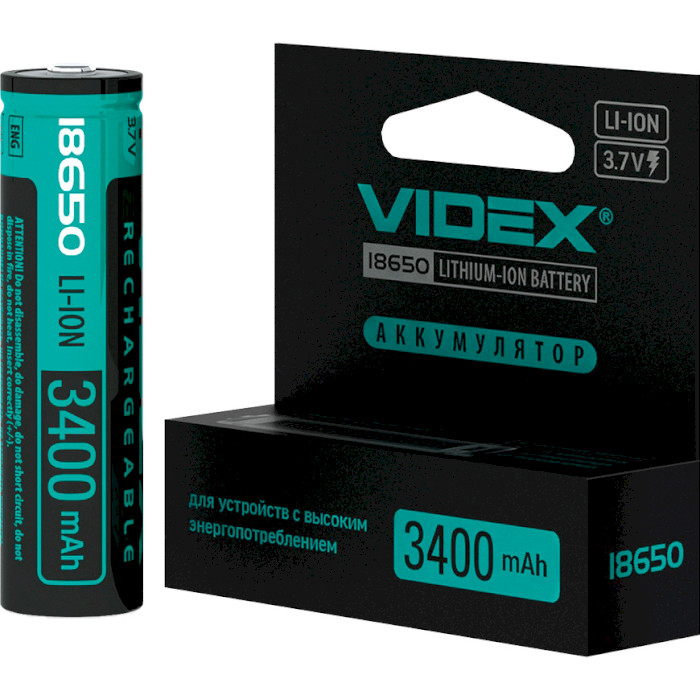 Акумулятор VIDEX Rechargeable 18650 3400mAh 3.7V TipTop (18650-P/3400/1CB)