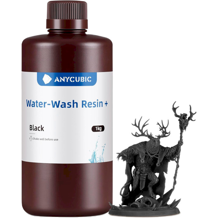 Фотополімерна гума для 3D принтера ANYCUBIC Water-Wash Resin+, 1кг, Black