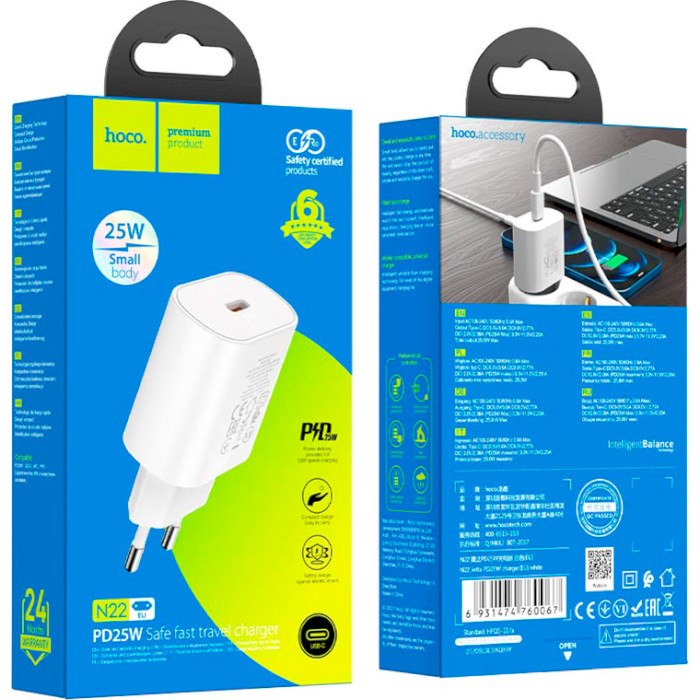 Зарядний пристрій HOCO N22 Jetta 1xUSB-C, PD25W White (6931474760067)