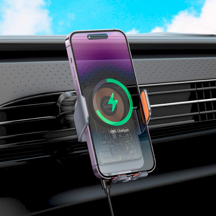 Автотримач з бездротовою зарядкою HOCO HW7 Transparent Discovery Edition Wireless Fast Charging Car Holder Air Outlet Metal Gray