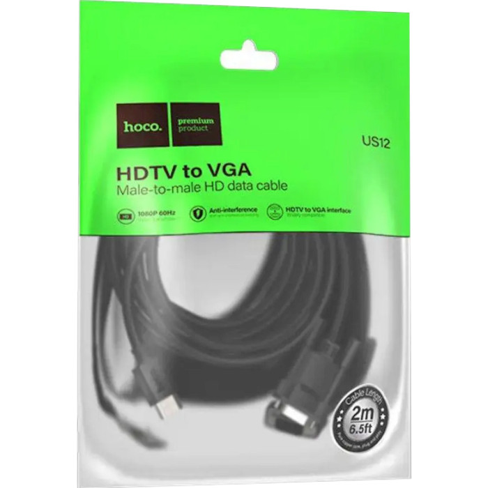 Кабель HOCO US12 HDTV Male to VGA Male HD Data Cable HDMI - VGA 2м Black (6942007628235)