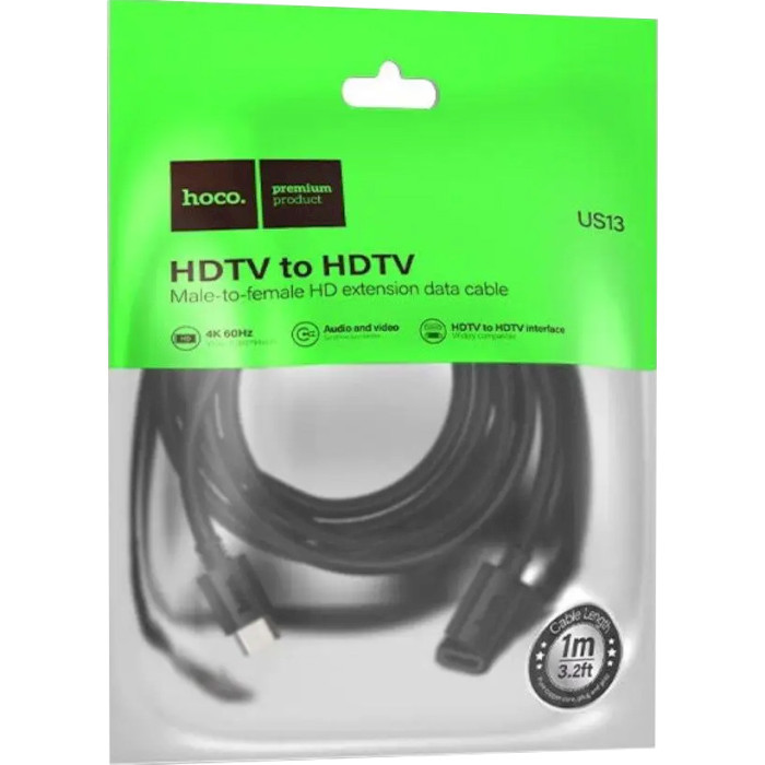 Кабель HOCO US13 HDTV Male to HDTV Female HD Extension Data Cable HDMI 1м Black (6942007628242)