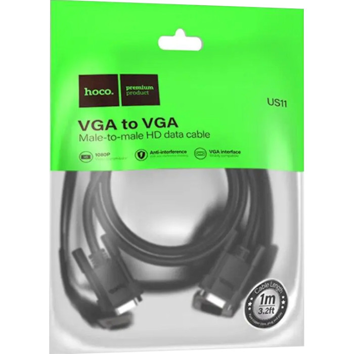 Кабель HOCO US11 VGA Male to VGA Male HD Data Cable VGA 1м Black (6942007628204)