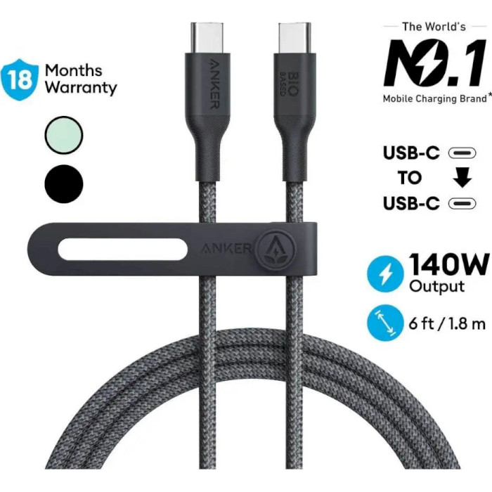 Кабель ANKER Powerline USB-C to USB-C 1.8м Phantom Black (A80F6H11)