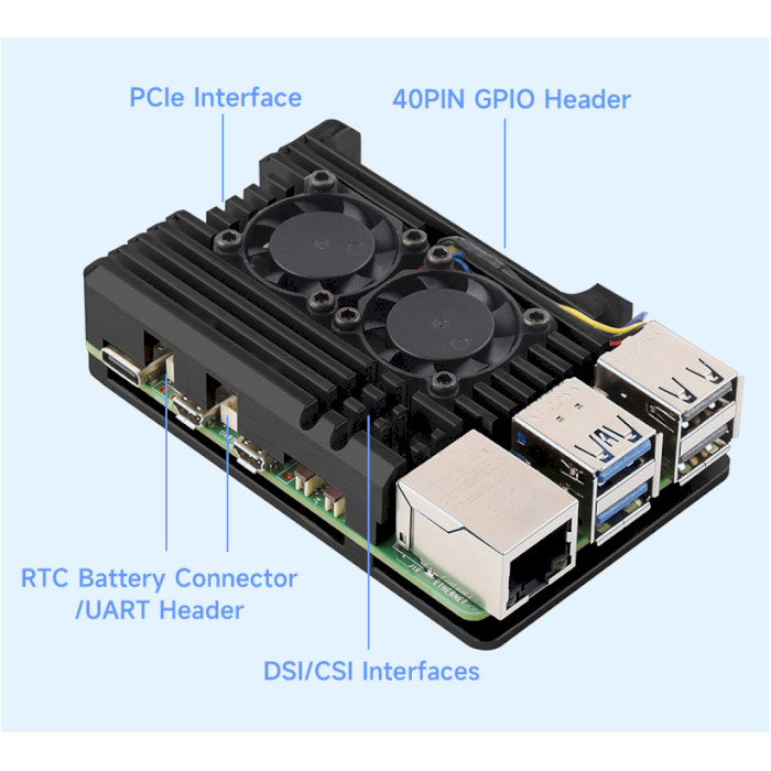 Корпус KUONGSHUN для Raspberry Pi 5, алюміній, 2 вентилятора (RA787)