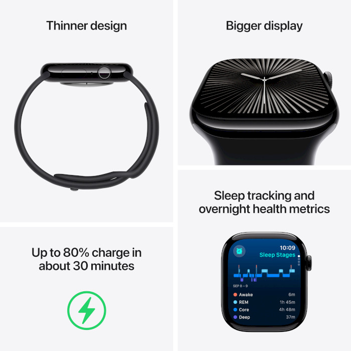 Смарт-годинник APPLE Watch Series 10 GPS 42mm Jet Black Aluminum Case with Black Sport Band S/M (MWWE3QH/A)