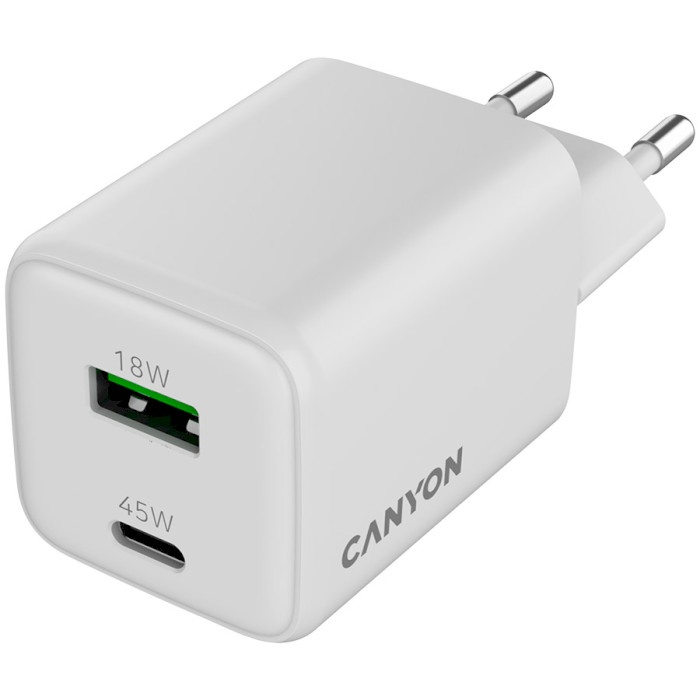 Зарядний пристрій CANYON CU45AC GaN 1xUSB-A, 1xUSB-C, 45W White (CNS-CUW45AC)