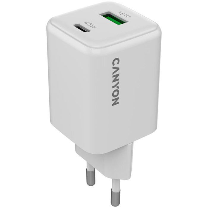 Зарядний пристрій CANYON CU45AC GaN 1xUSB-A, 1xUSB-C, 45W White (CNS-CUW45AC)