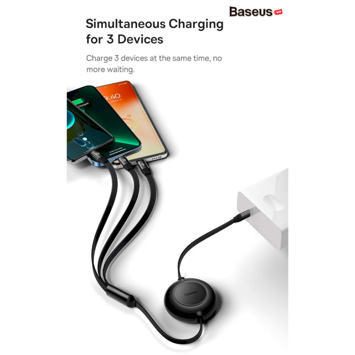 Кабель BASEUS Bright Mirror 2 Retractable 3-in-1 Fast Charging Data Cable Type-C to M+L+C 100W 1.1м Blue (CAMJ010203)