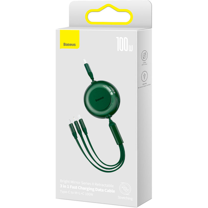 Кабель BASEUS Bright Mirror 2 Retractable 3-in-1 Fast Charging Data Cable Type-C to M+L+C 100W 1.1м Green (CAMJ010206)