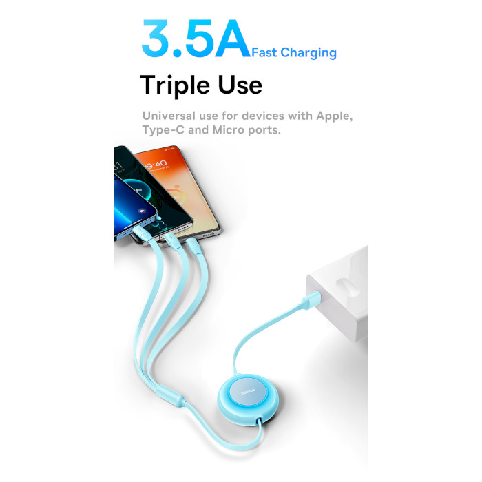 Кабель BASEUS Bright Mirror 2 Retractable 3-in-1 Fast Charging Data Cable USB to M+L+C 3.5A 1.1м Black (CAMJ010001)