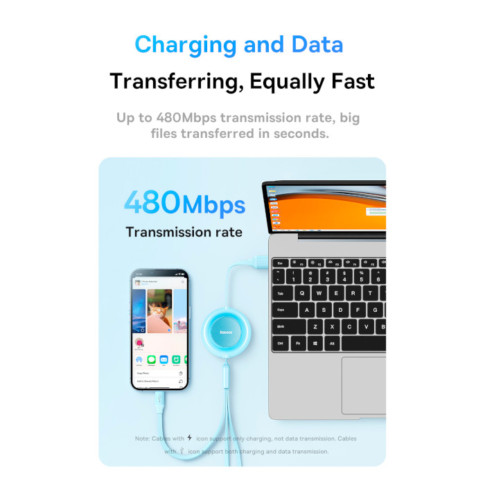 Кабель BASEUS Bright Mirror 2 Retractable 3-in-1 Fast Charging Data Cable USB to M+L+C 3.5A 1.1м Blue (CAMJ010003)